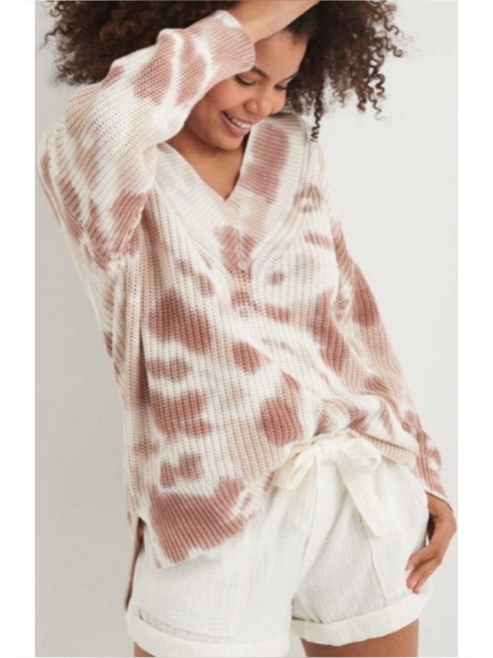Aerie Tie Dye Wide V-Neck Slouchy Oversized Chunky Knit Sweater